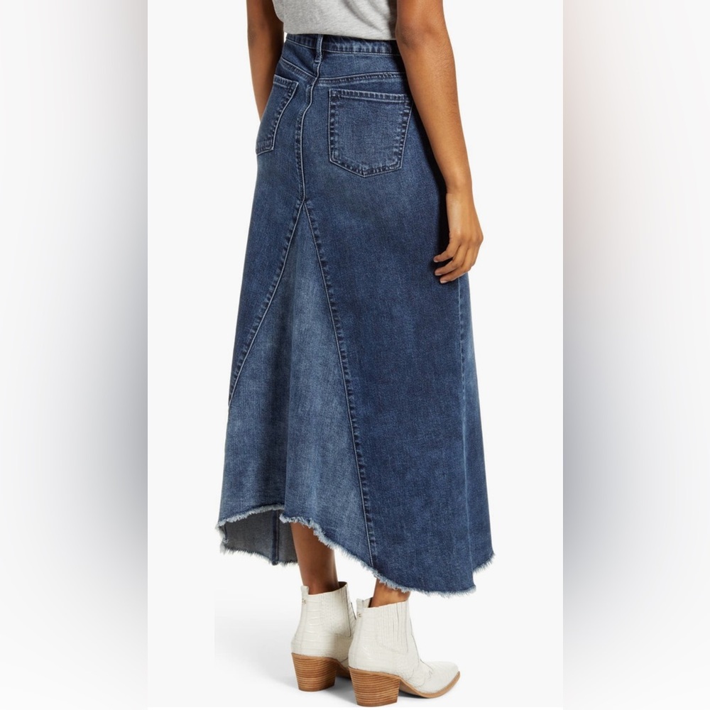 WASH LAB Cotton Medium-Dark Wash Asymmetrical Frayed Hem Denim Modest Skirt Sz L - Picture 4 of 15